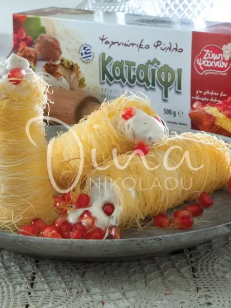 Φλογέρες με φύλλο κανταΐφι, κρέμα με τρίμμα σοκολάτας  και ρόδι