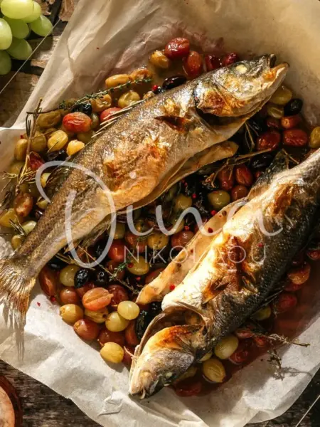 Λαβράκι με ελιές, σταφύλια και πατάτες «τσακιστές»