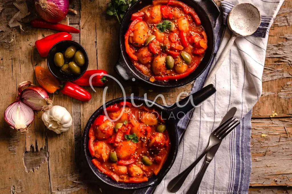 Πατάτες γιαχνί με πιπεριές κόκκινες και ελιές