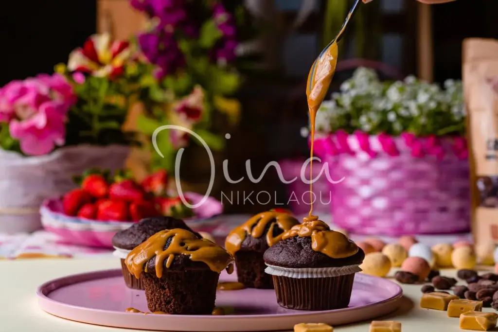 Muffins με διπλή σοκολάτα και σάλτσα καραμέλας